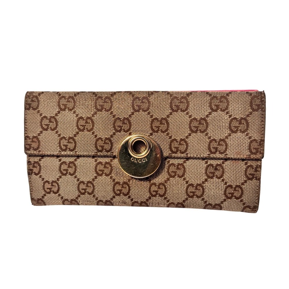 Gucci Eclipse long wallet tri fold w/ gold snap close brown canvas & pinkleather - Picture 6 of 14